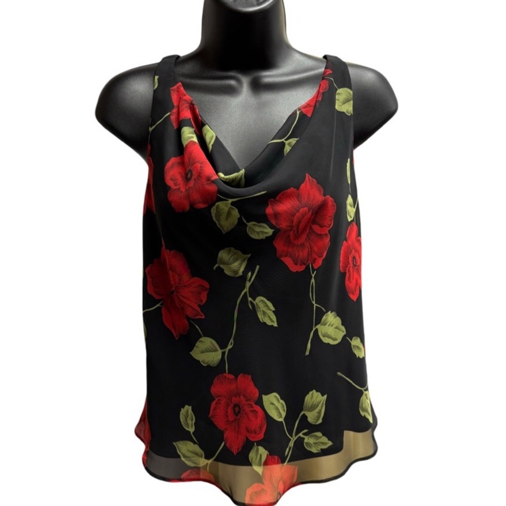 Vintage 90’s Y2K Black Top with Red Roses - Sz 10 (womens) Whimsigoth CorpGoth